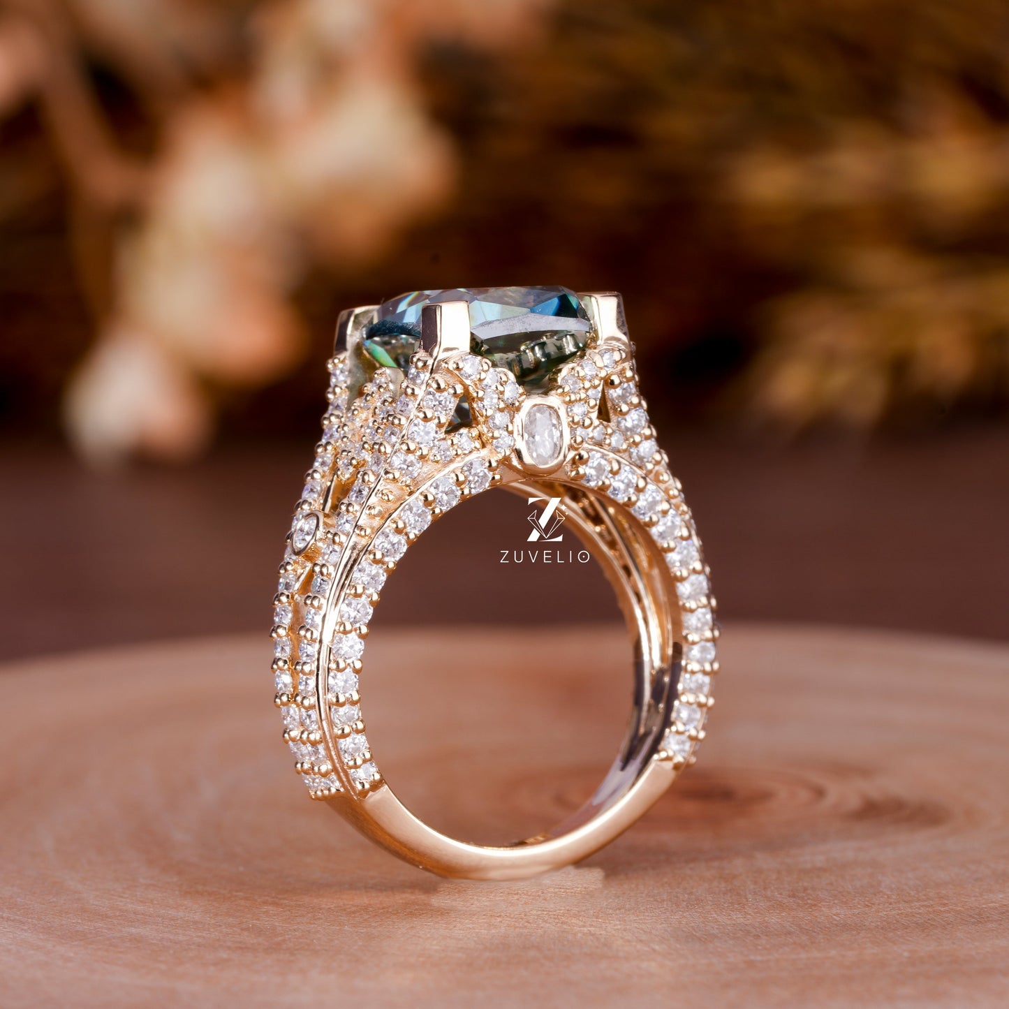 Green Cushion Moissanite Ring