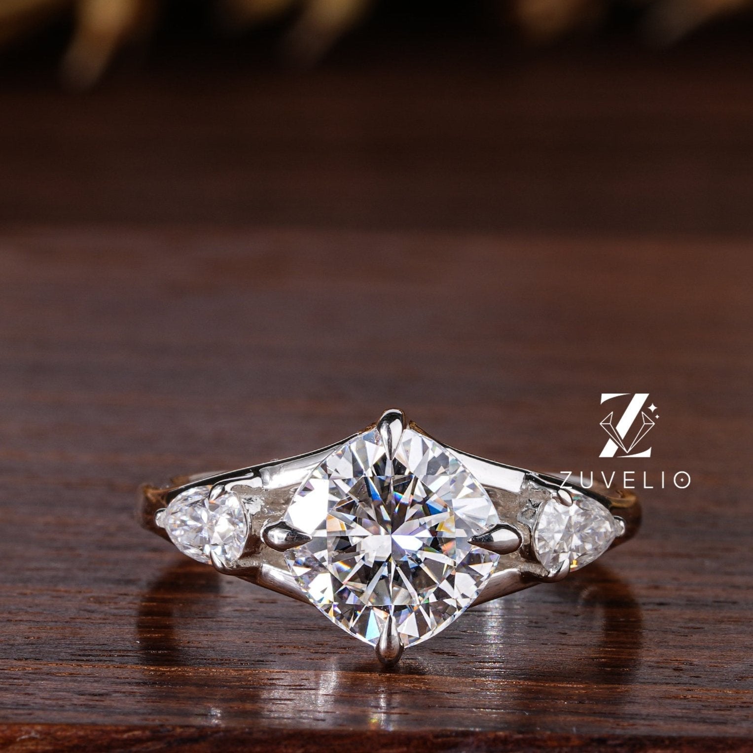 Cushion Tri-stone Wedding Ring - Zuvelio.com