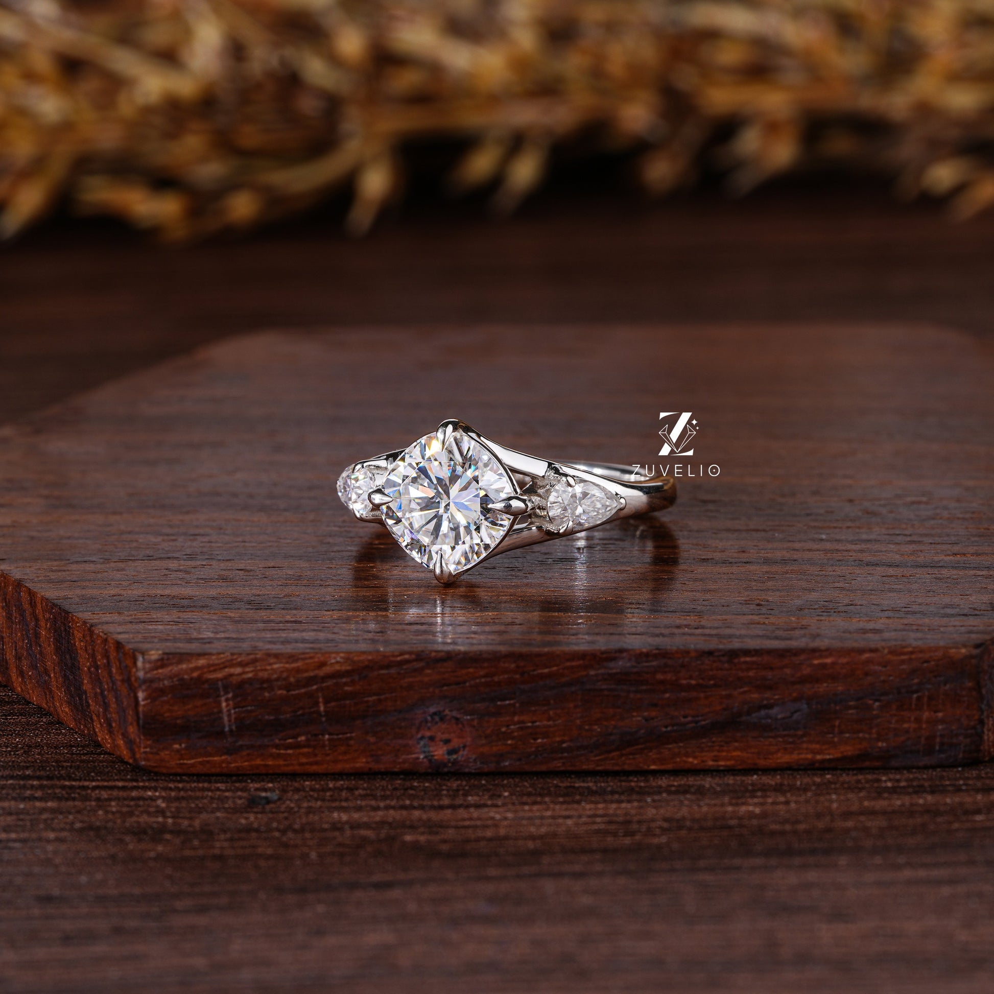 Cushion Tri-stone Wedding Ring - Zuvelio.com