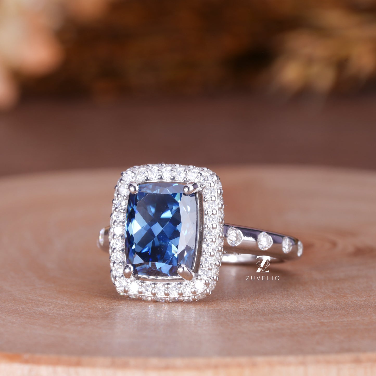 Cushion Blue Moissanite Ring