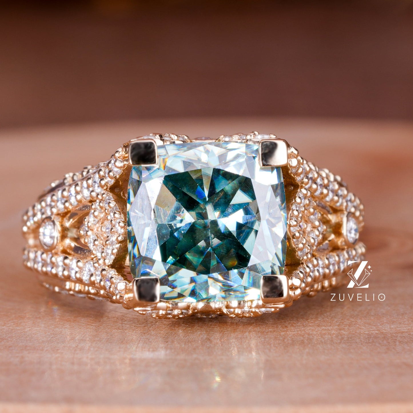 Green Cushion Moissanite Ring