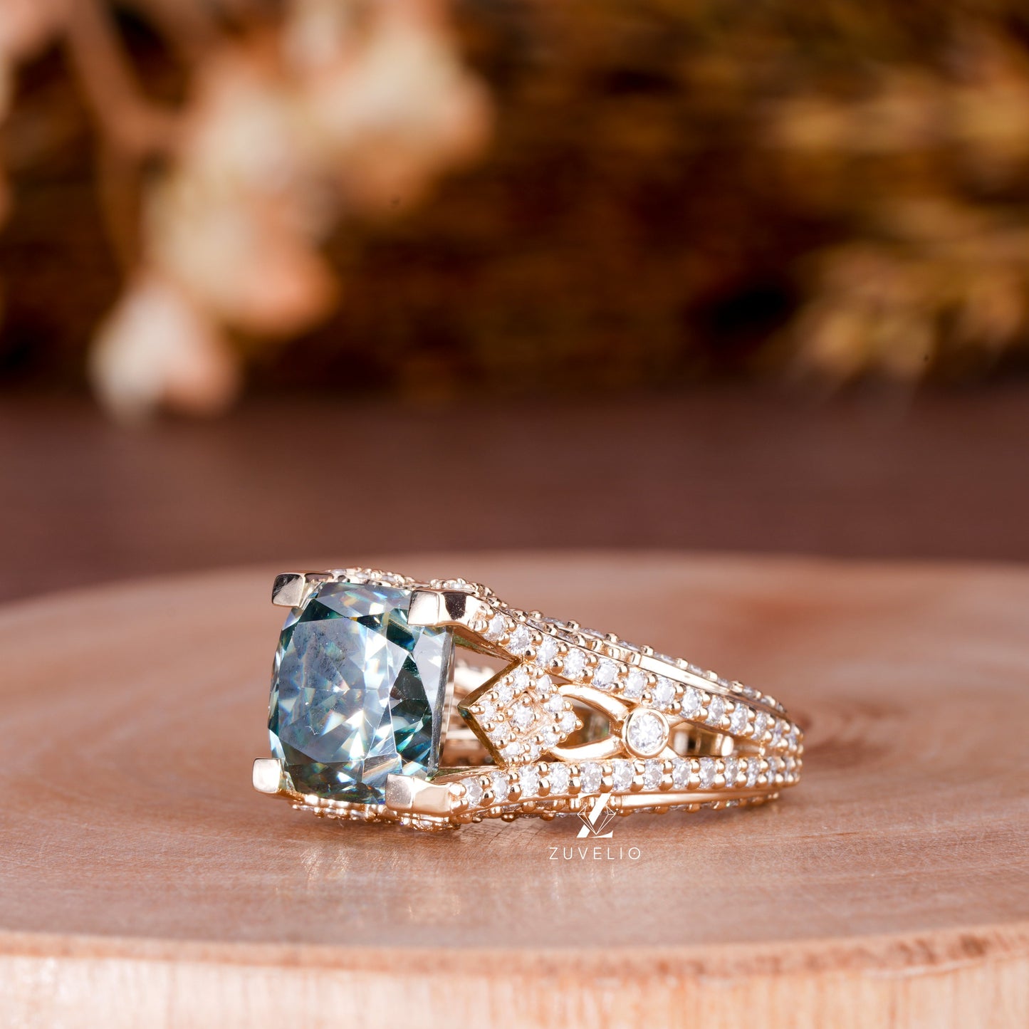 Green Cushion Moissanite Ring