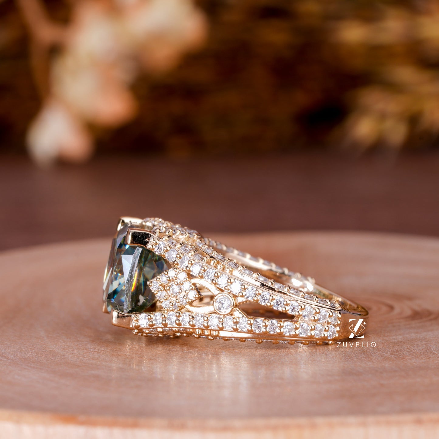 Green Cushion Moissanite Ring
