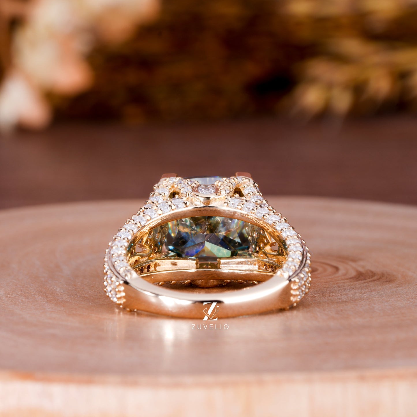 Green Cushion Moissanite Ring
