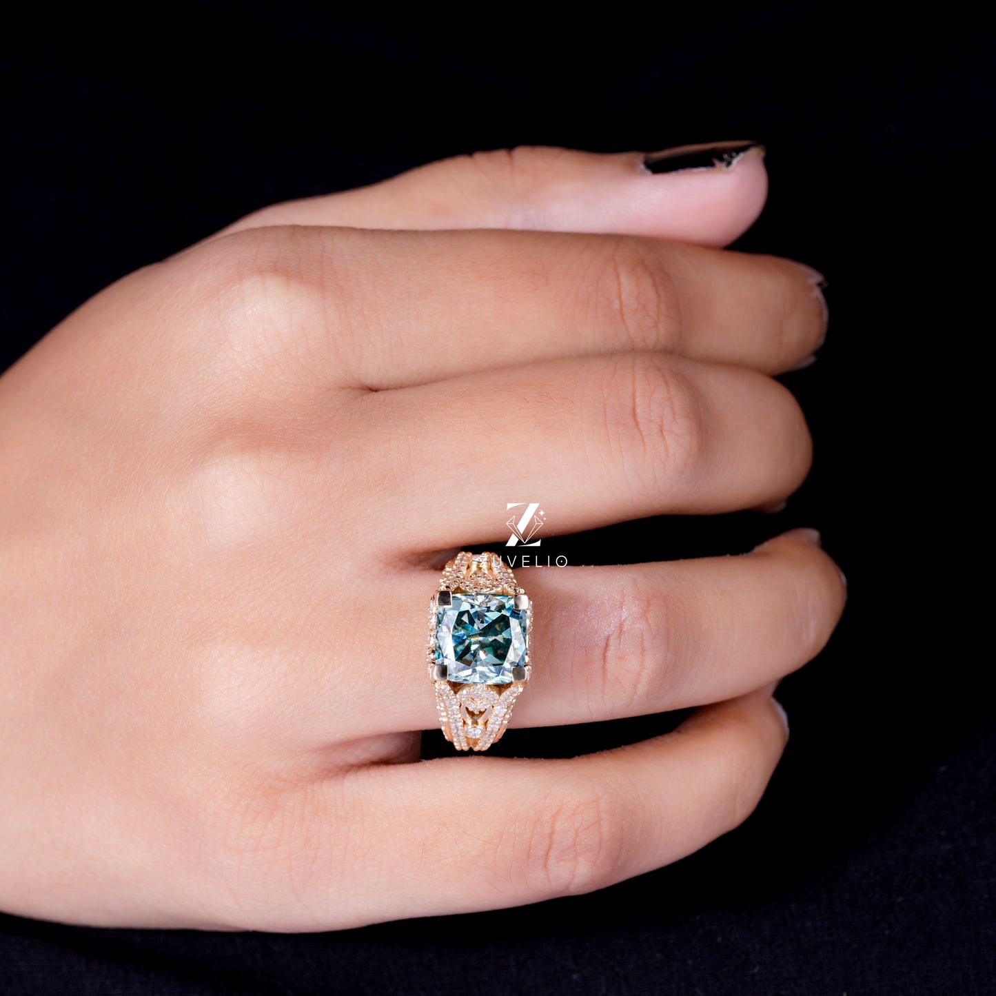 Green Cushion Moissanite Ring
