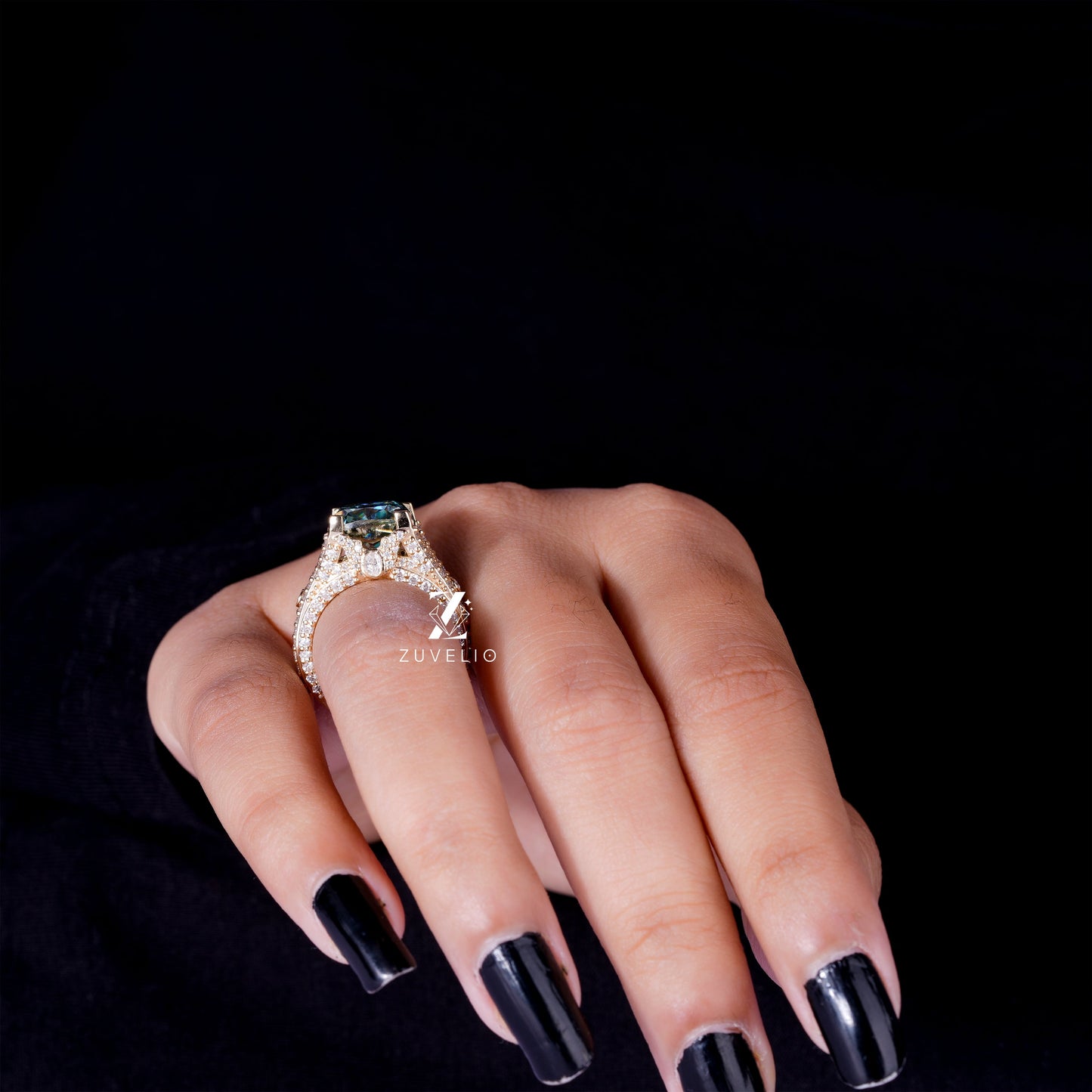 Green Cushion Moissanite Ring