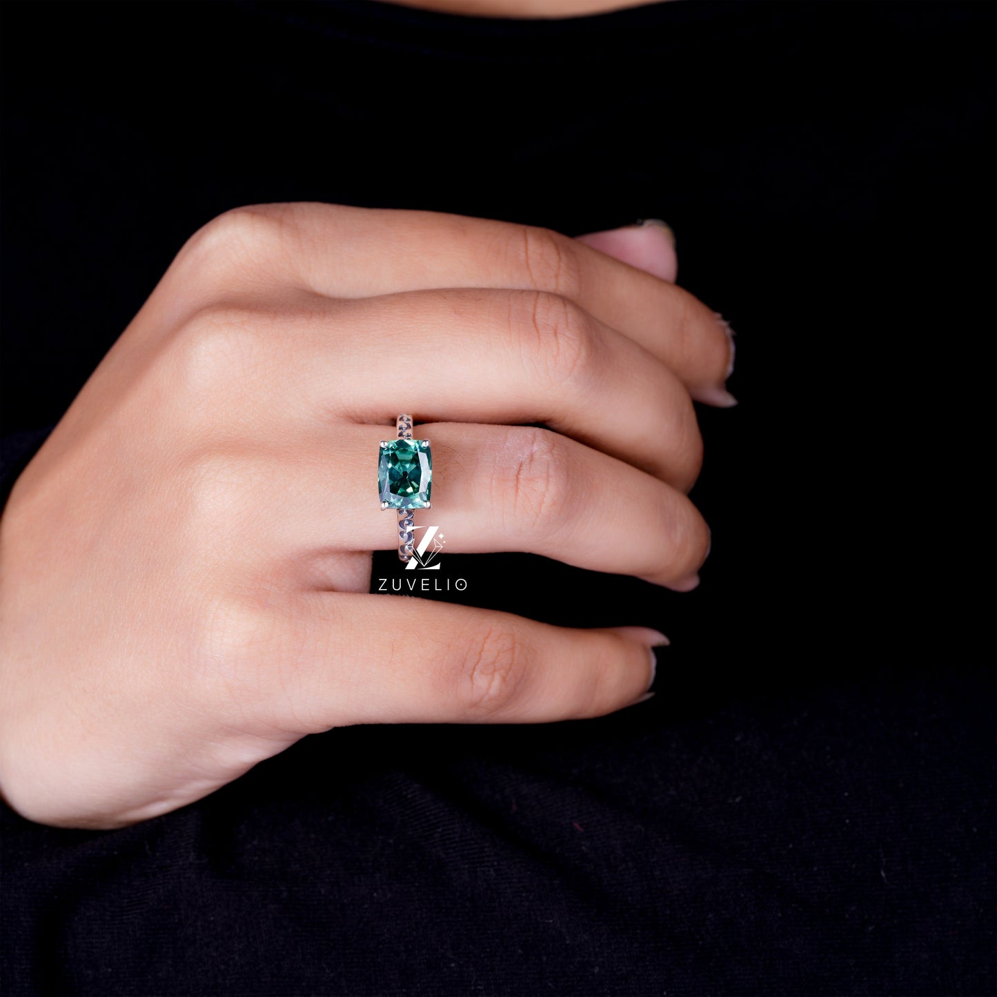 Cushion Green Moissanite Ring