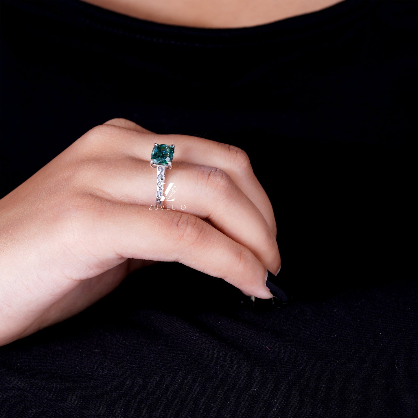 Cushion Green Moissanite Ring