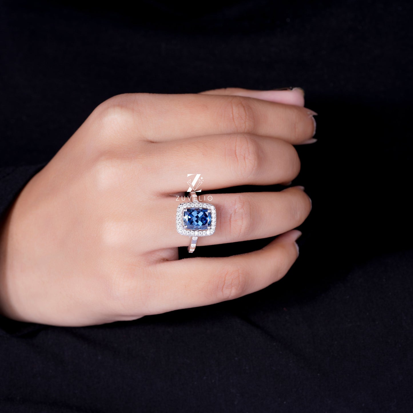 Cushion Blue Moissanite Ring