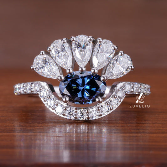 Blue Oval Moissanite Ring
