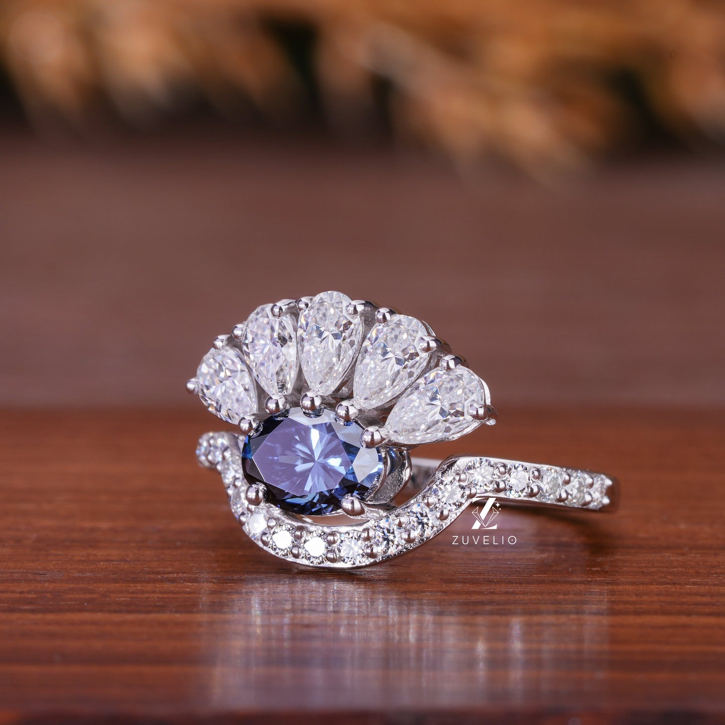 Blue Oval Moissanite Ring