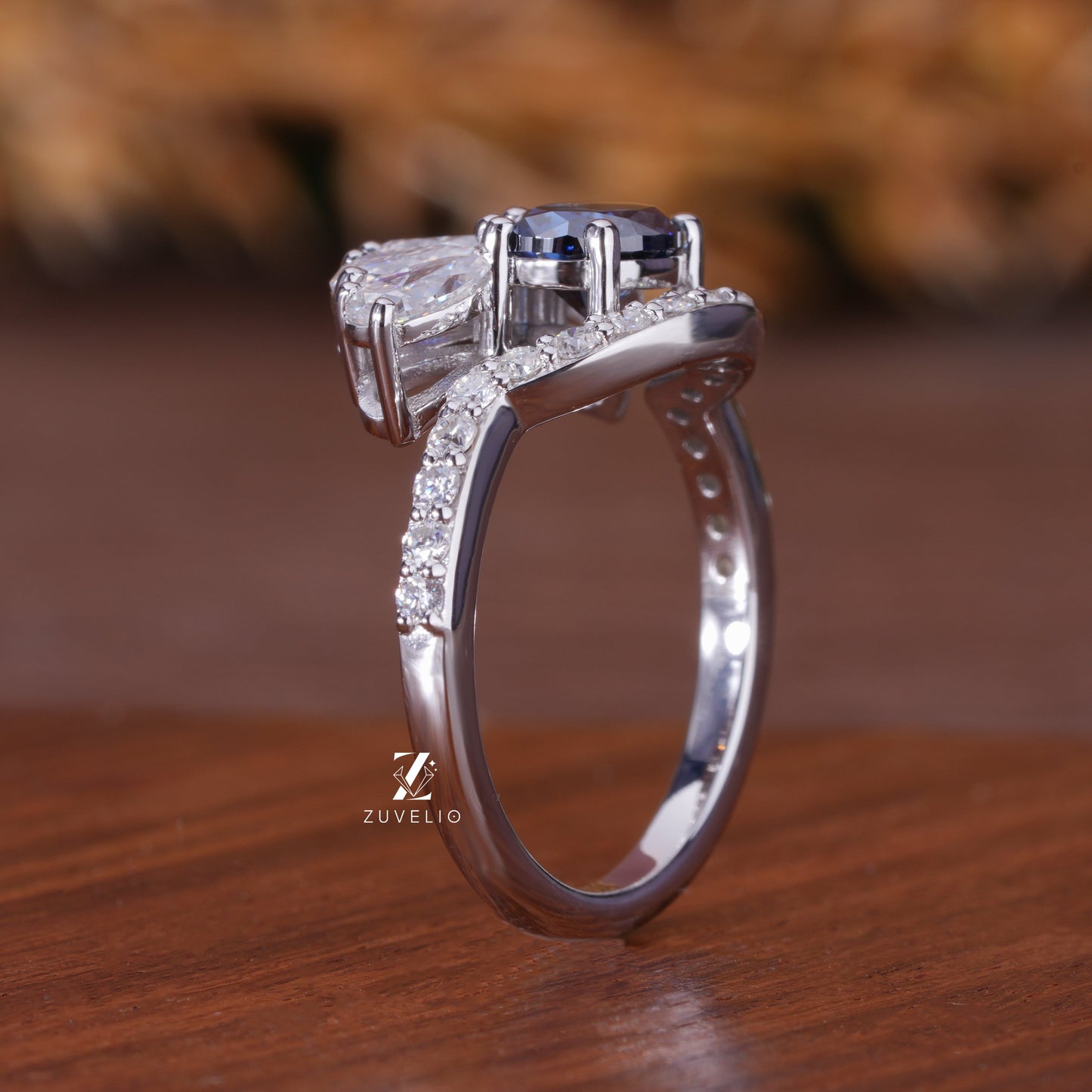 Blue Oval Moissanite Ring