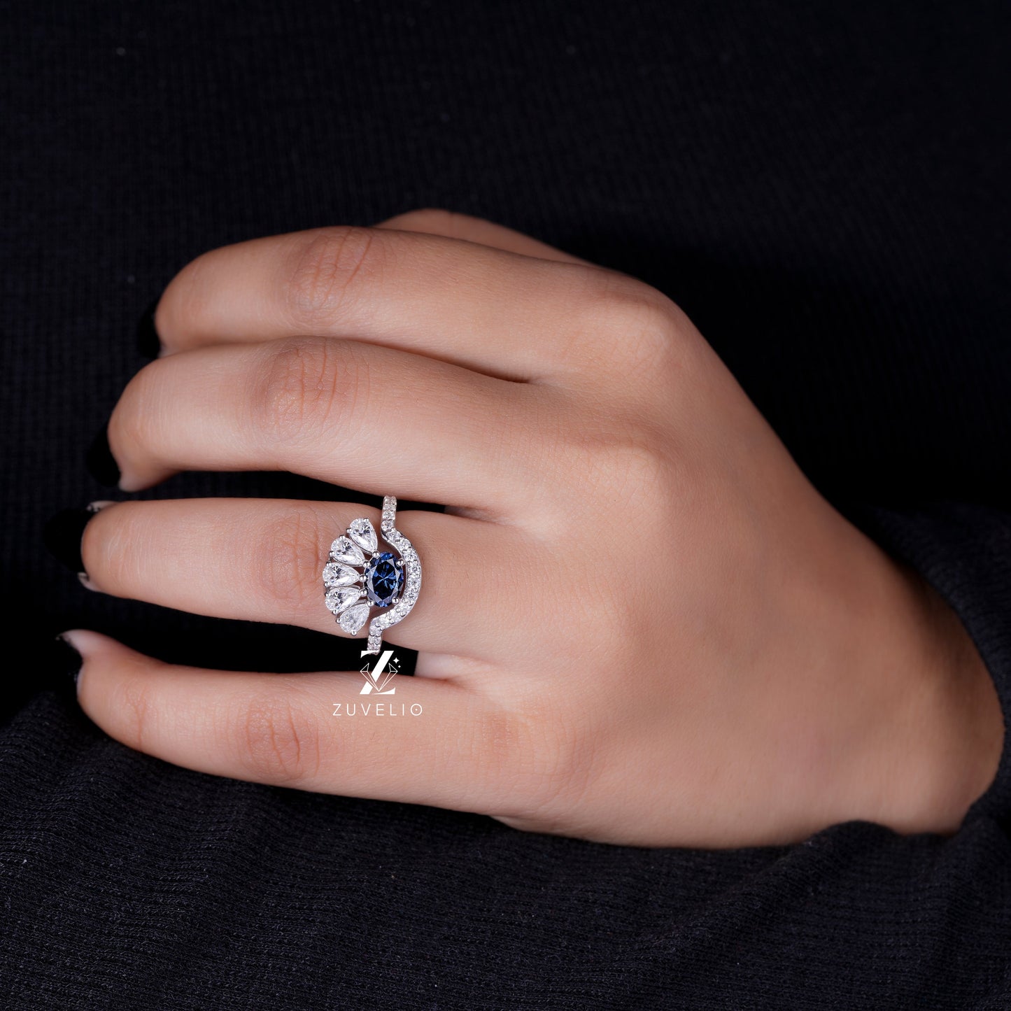 Blue Oval Moissanite Ring