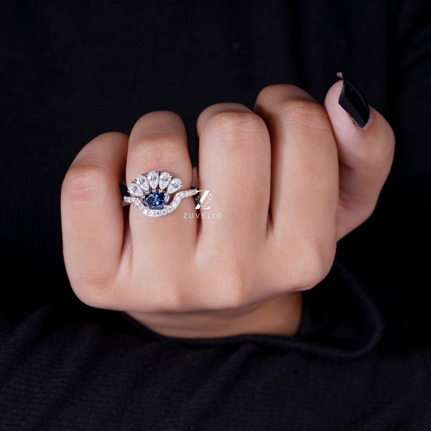 Blue Oval Moissanite Ring