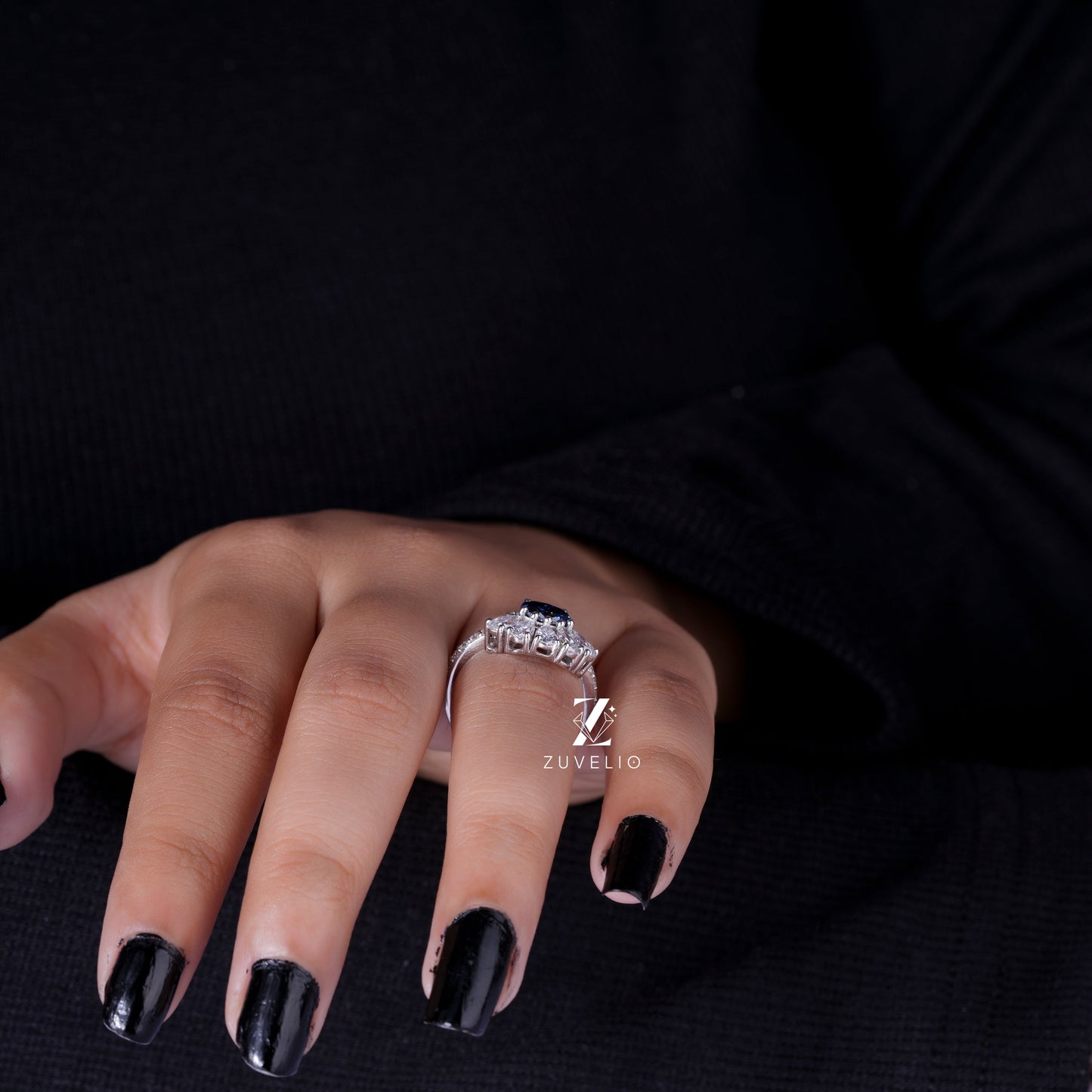 Blue Oval Moissanite Ring
