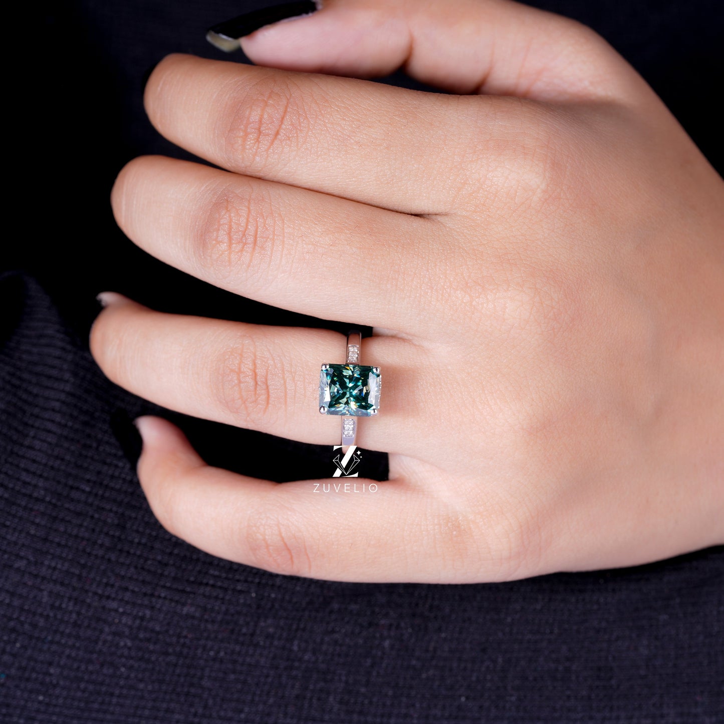 Blue Green Moissanite Ring