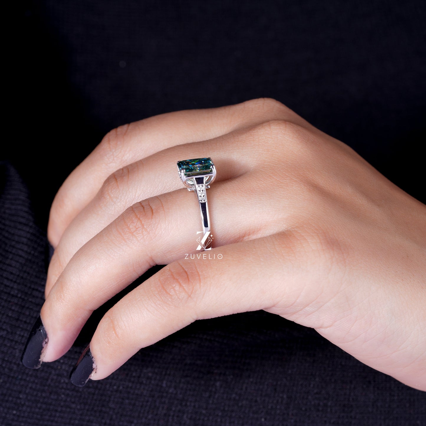 Blue Green Moissanite Ring