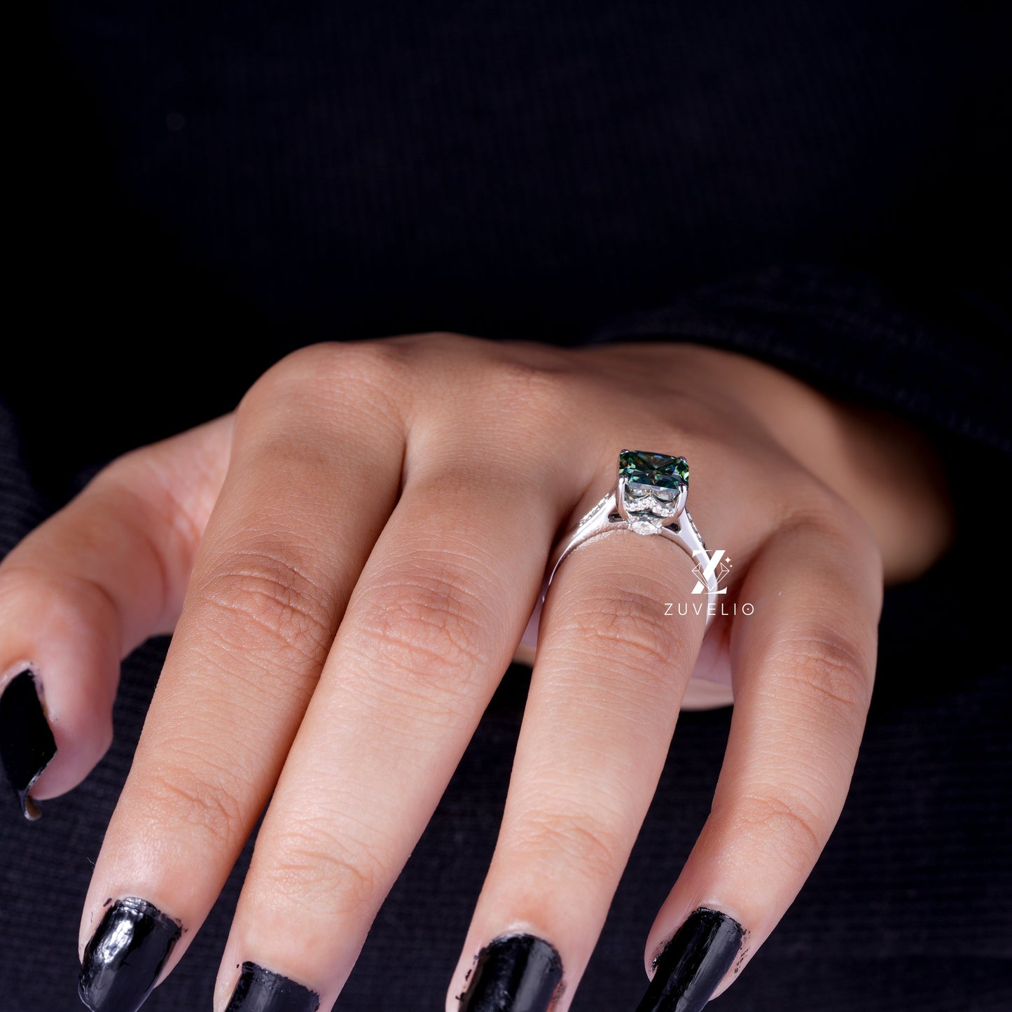 Blue Green Moissanite Ring