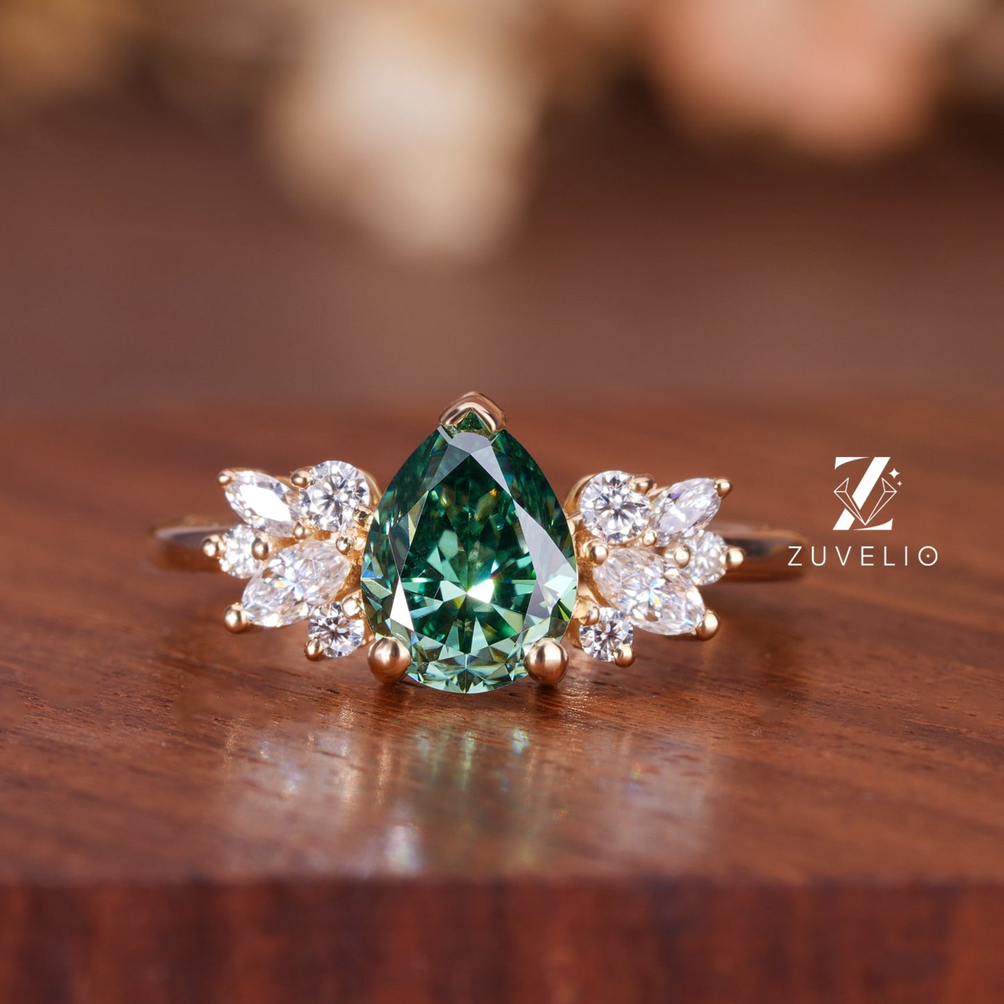Pear Cut Green Moissanite Ring