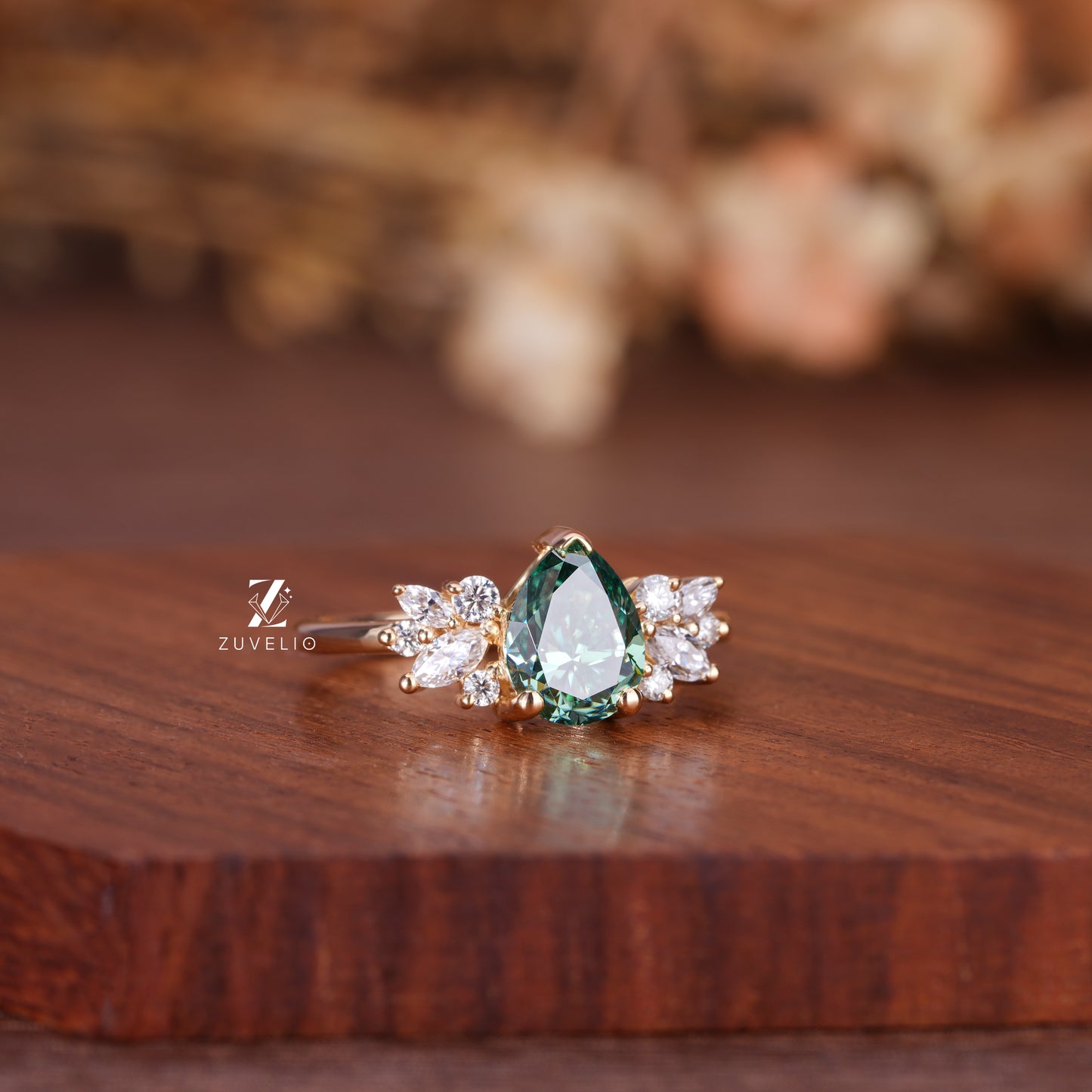 Pear Cut Green Moissanite Ring