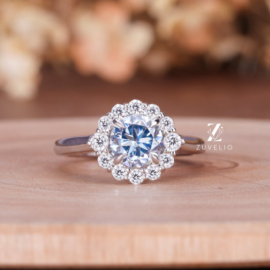 Cyan Blue Round Moissanite Ring