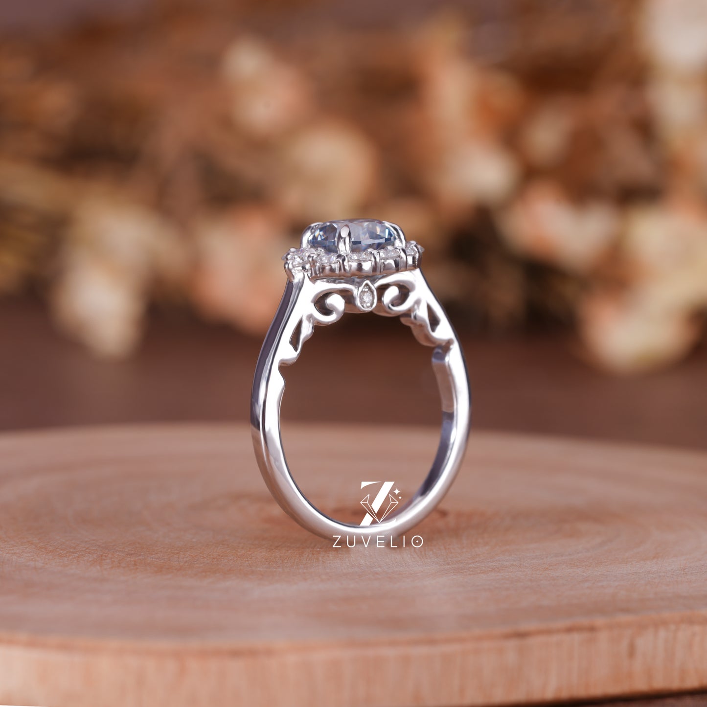 Cyan Blue Round Moissanite Ring