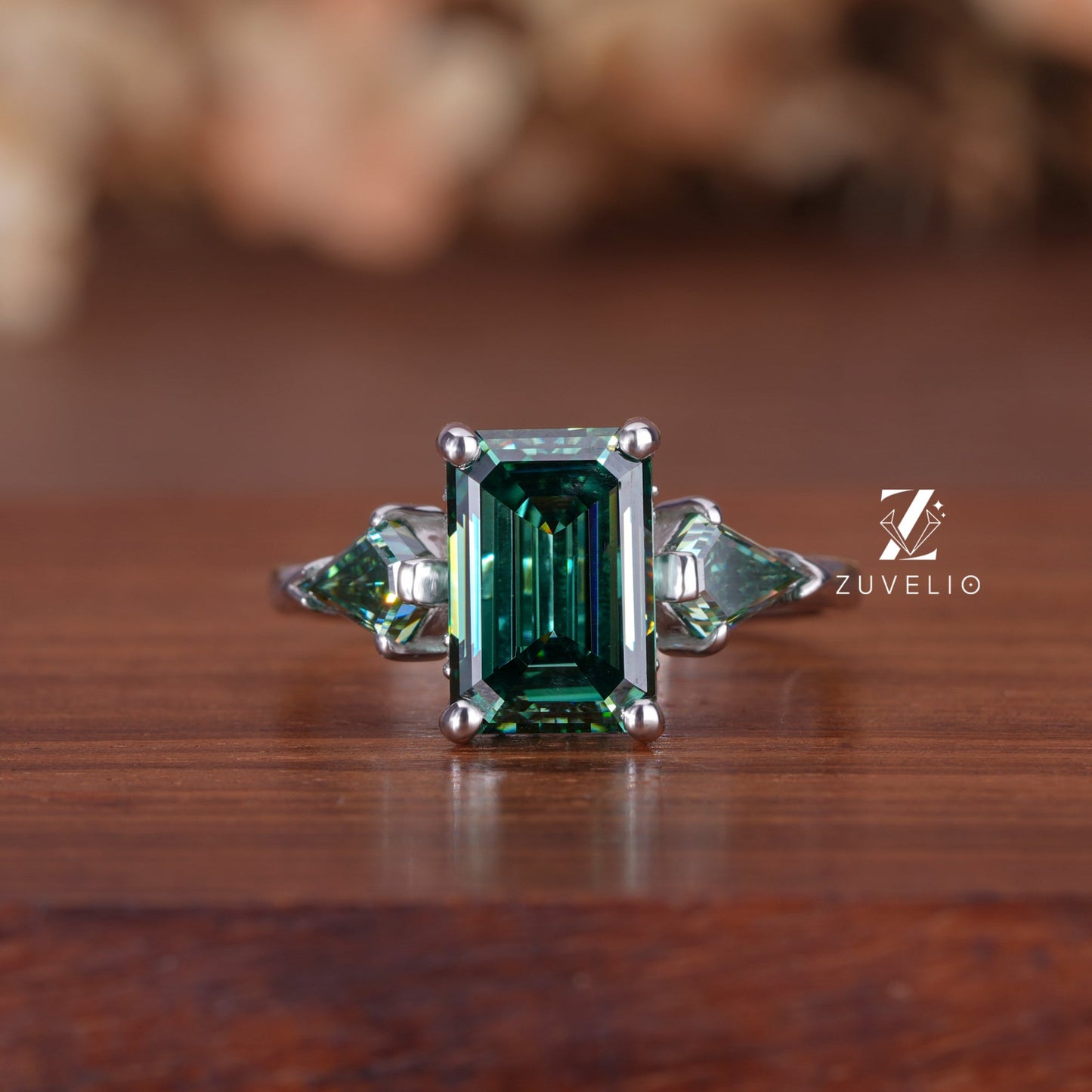 Three Stone Emerald Moissanite Ring