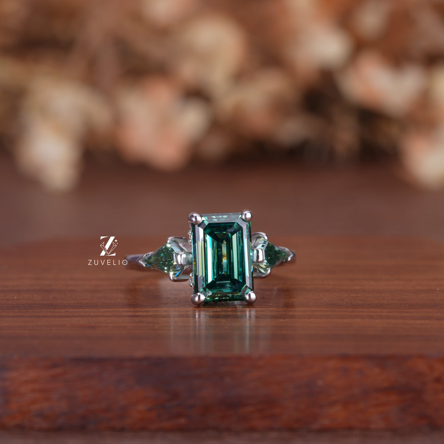 Three Stone Emerald Moissanite Ring