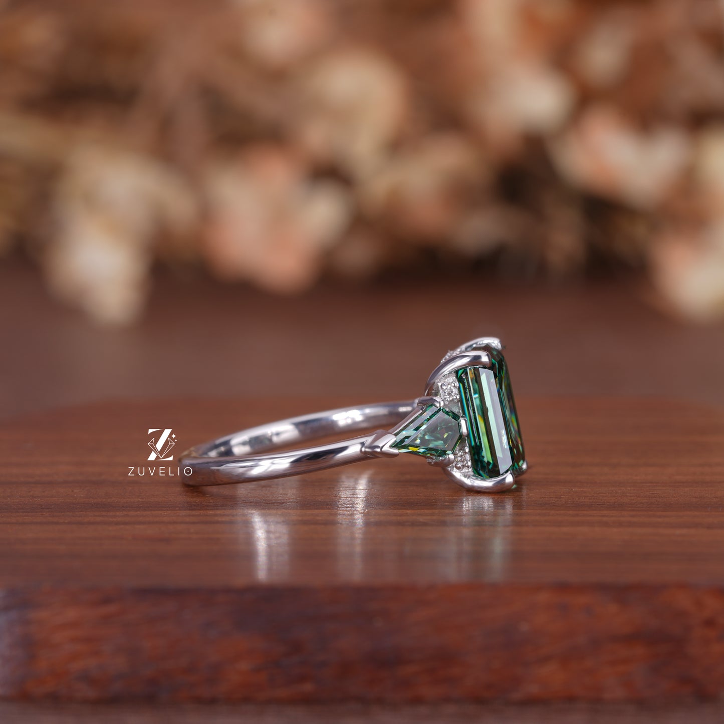 Three Stone Emerald Moissanite Ring