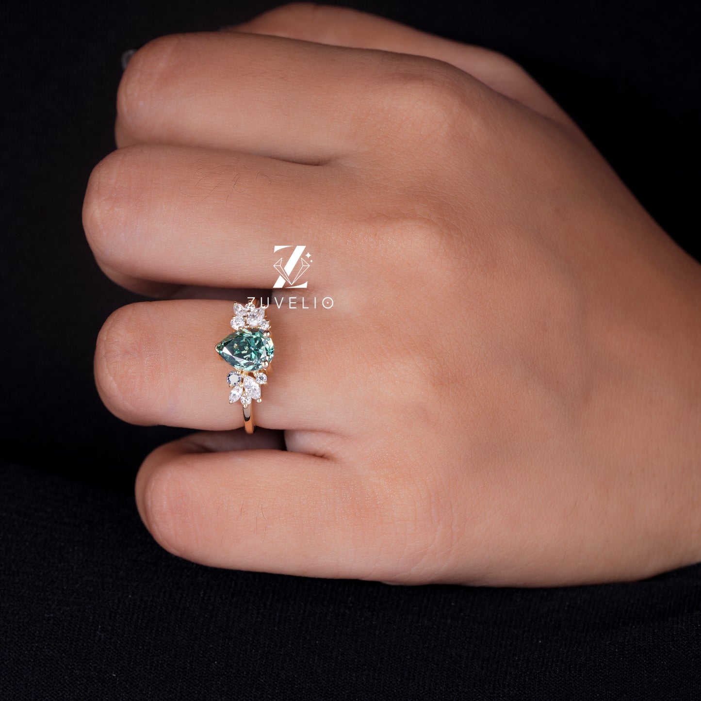 Pear Cut Green Moissanite Ring