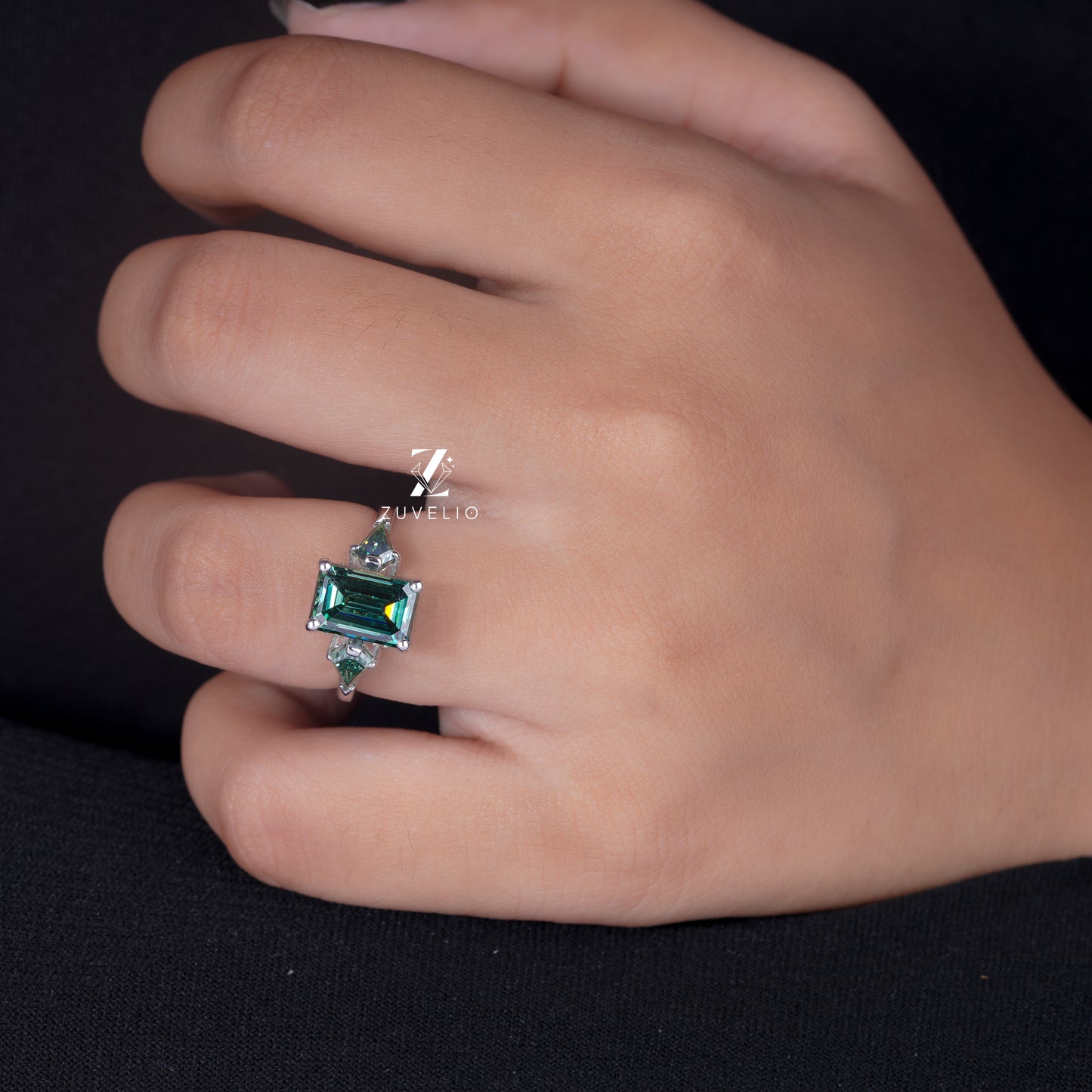 Three Stone Emerald Moissanite Ring