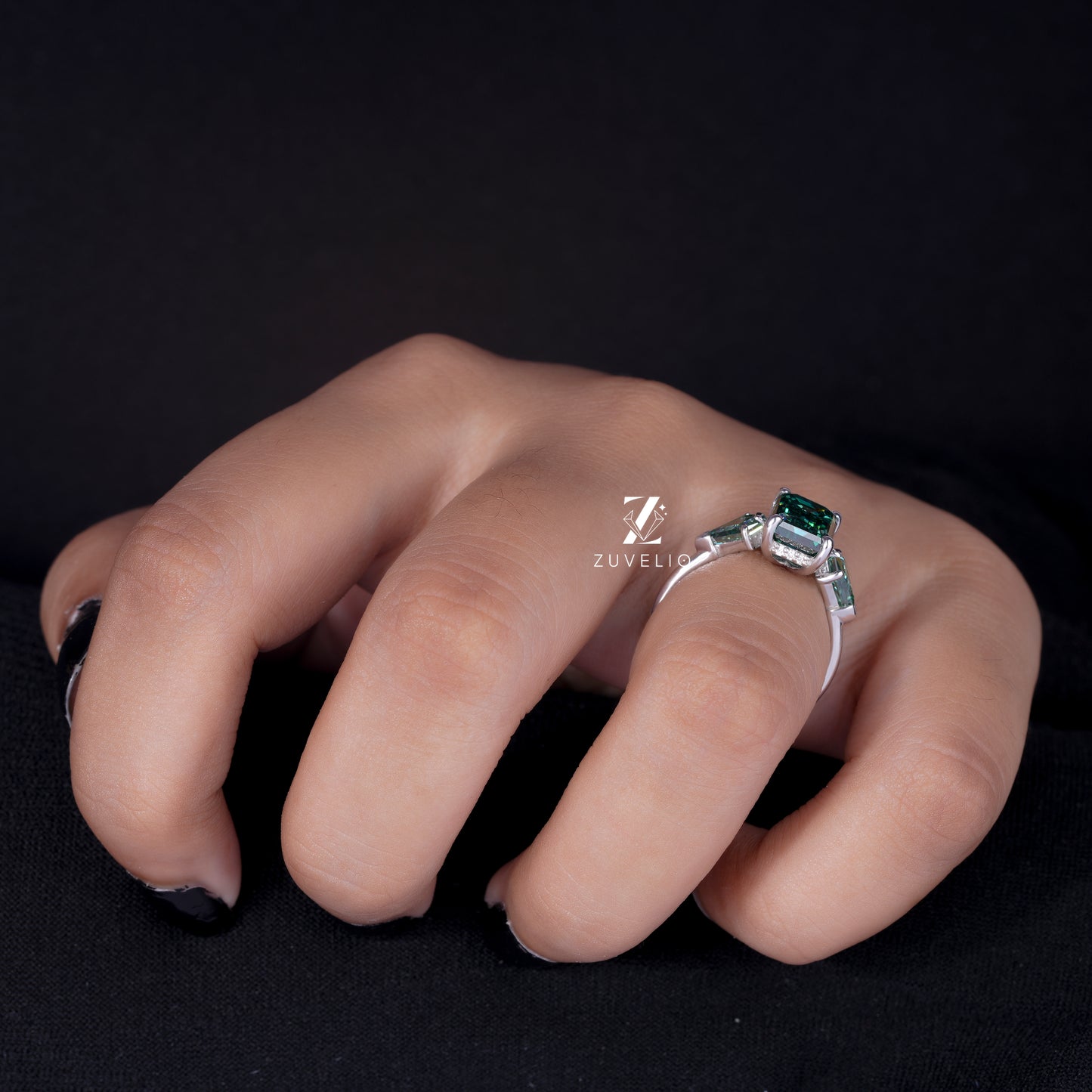 Three Stone Emerald Moissanite Ring