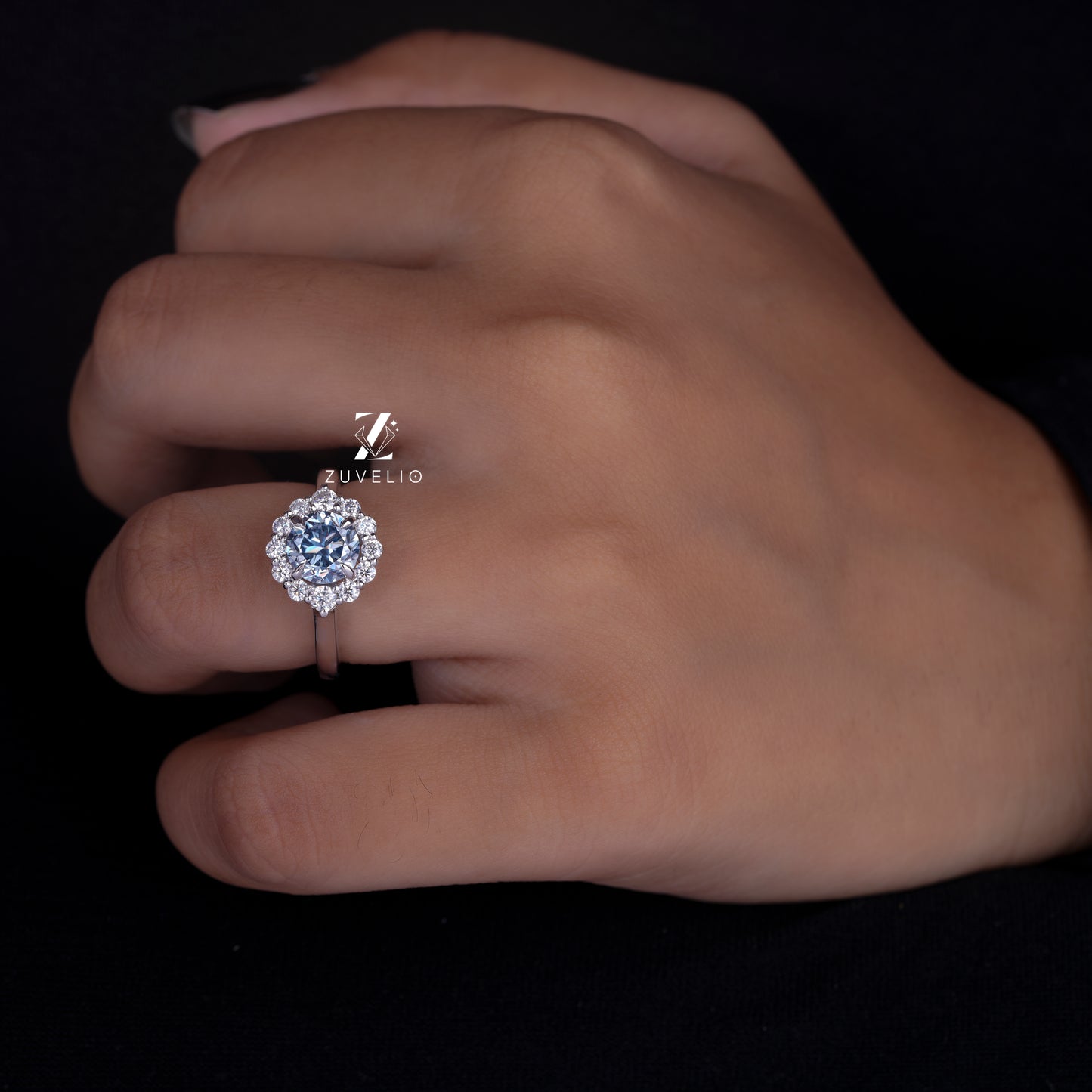 Cyan Blue Round Moissanite Ring