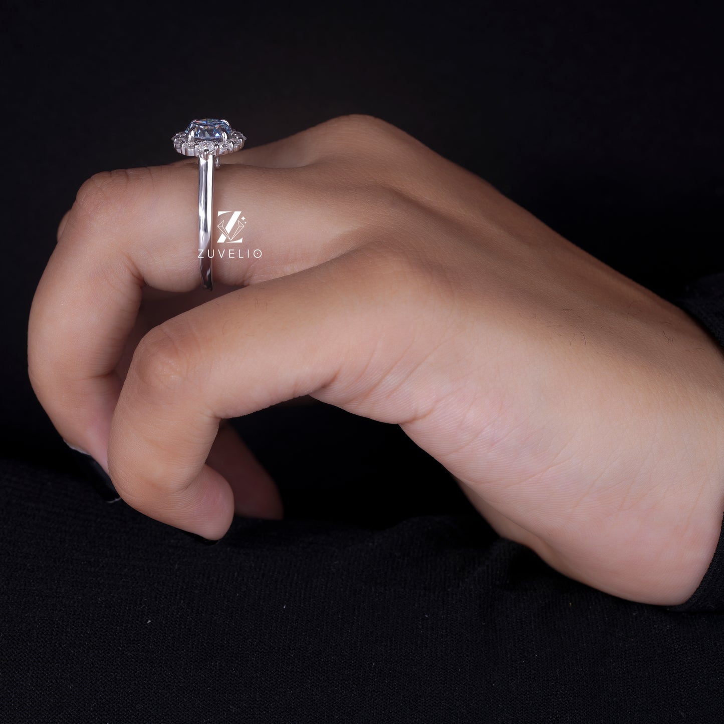 Cyan Blue Round Moissanite Ring
