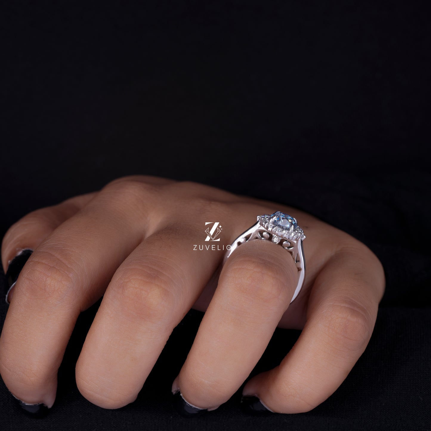 Cyan Blue Round Moissanite Ring