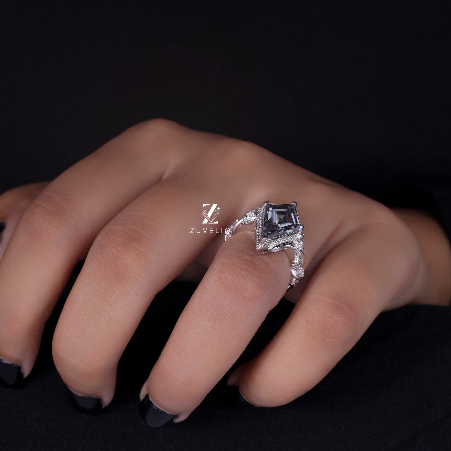 Kite Cut Grey Moissanite Ring