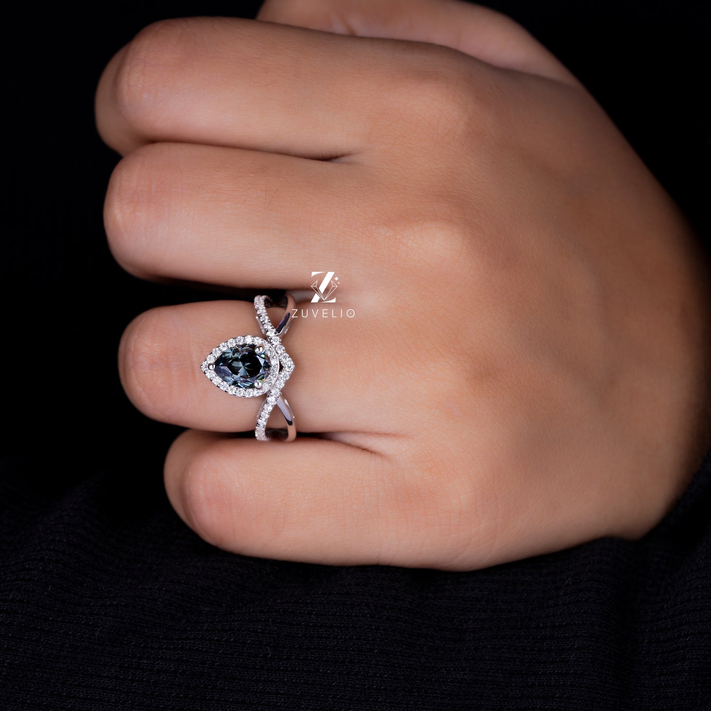 Grey Pear Halo Ring