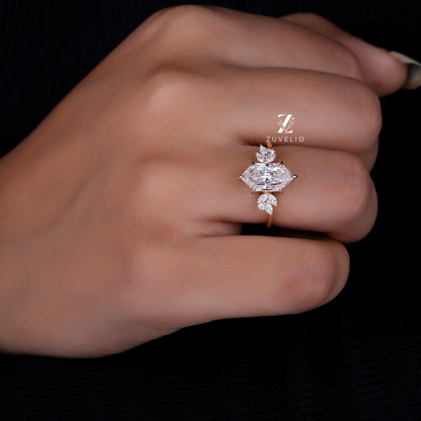 Elongated Hexagon Moissanite Ring
