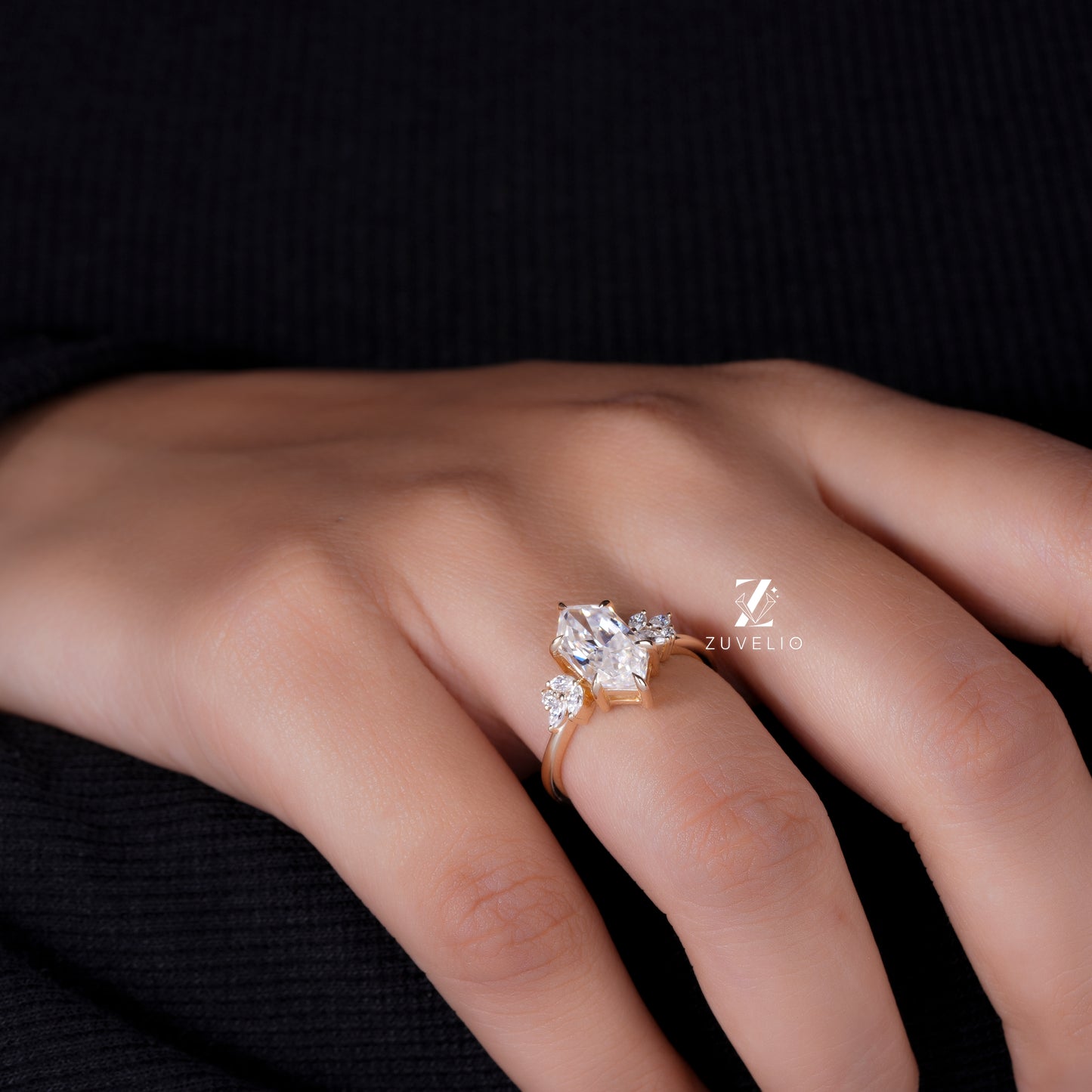 Elongated Hexagon Moissanite Ring