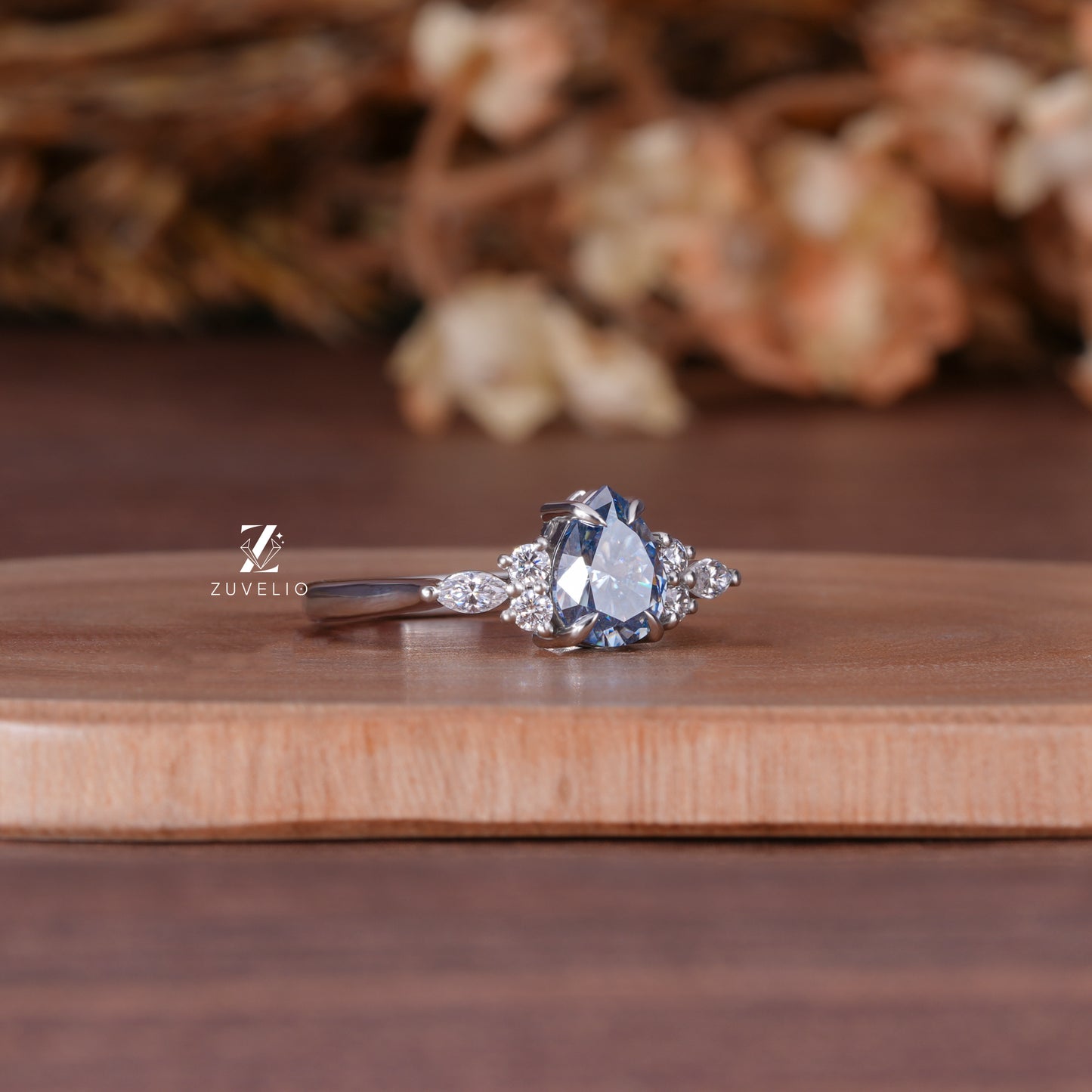 Blue Pear Moissanite Ring
