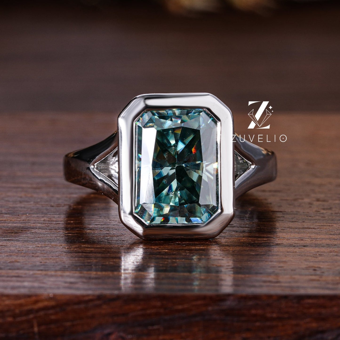 Radiant Blue Green Moissanite Ring - Zuvelio.com
