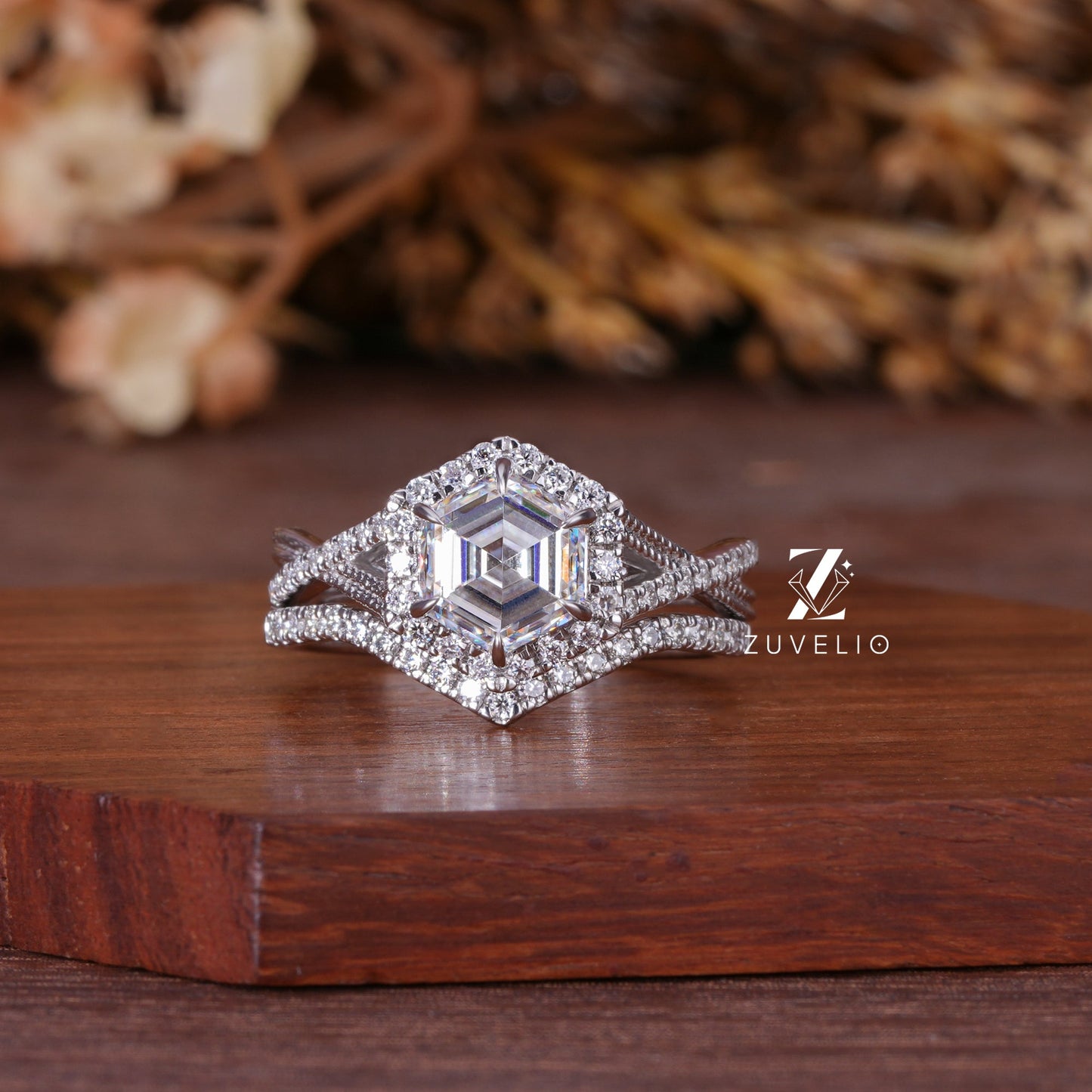 Hexagon Moissanite Halo Ring