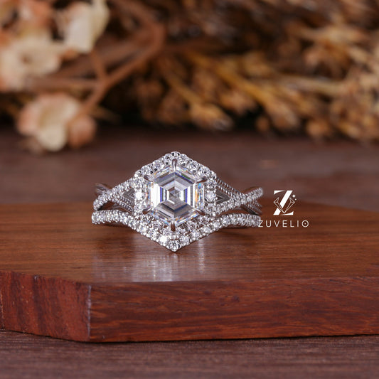 Hexagon Moissanite Halo Ring