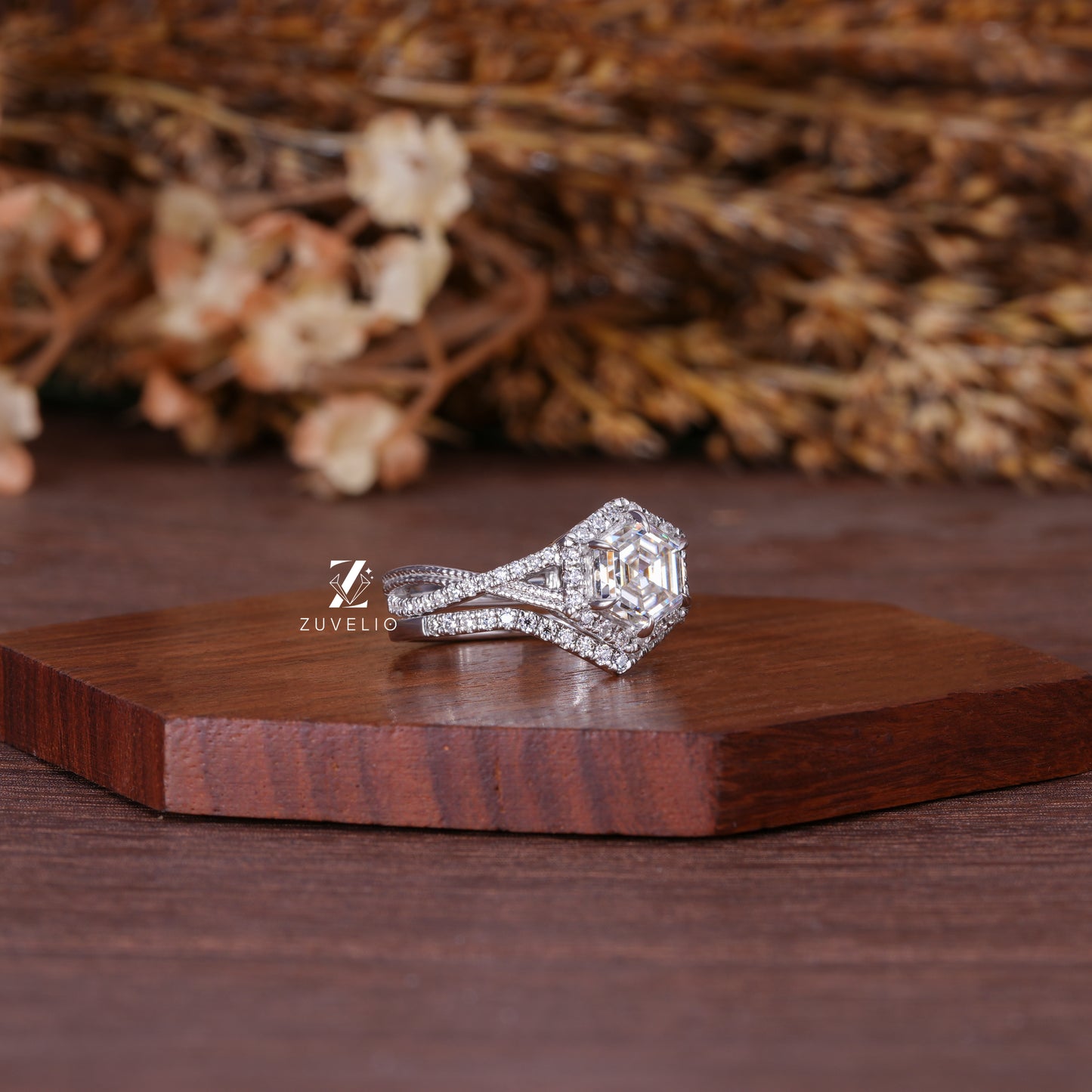 Hexagon Moissanite Halo Ring