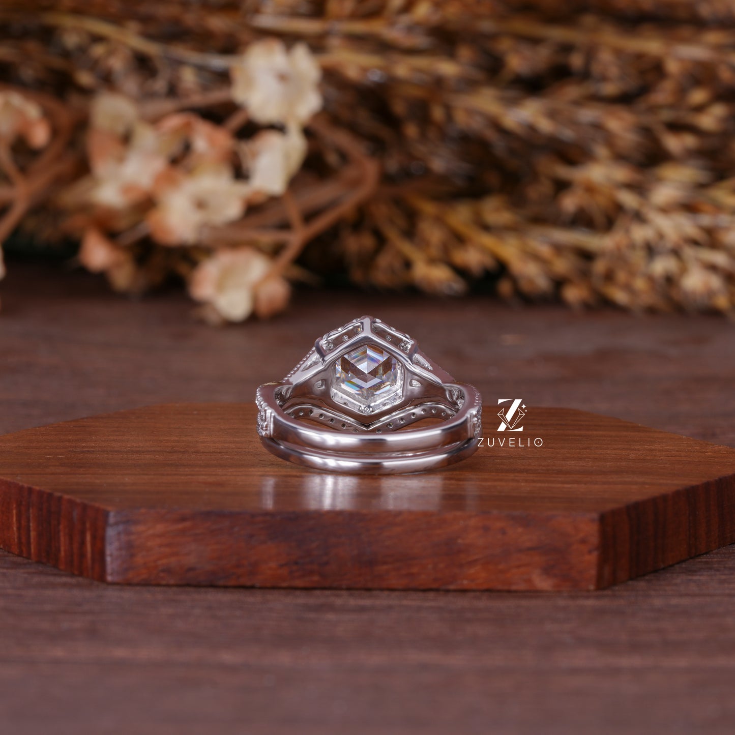 Hexagon Moissanite Halo Ring
