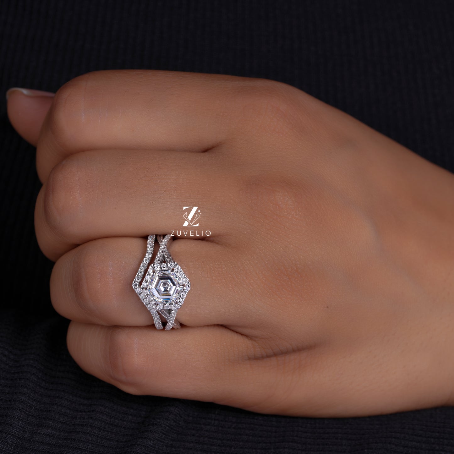 Hexagon Moissanite Halo Ring