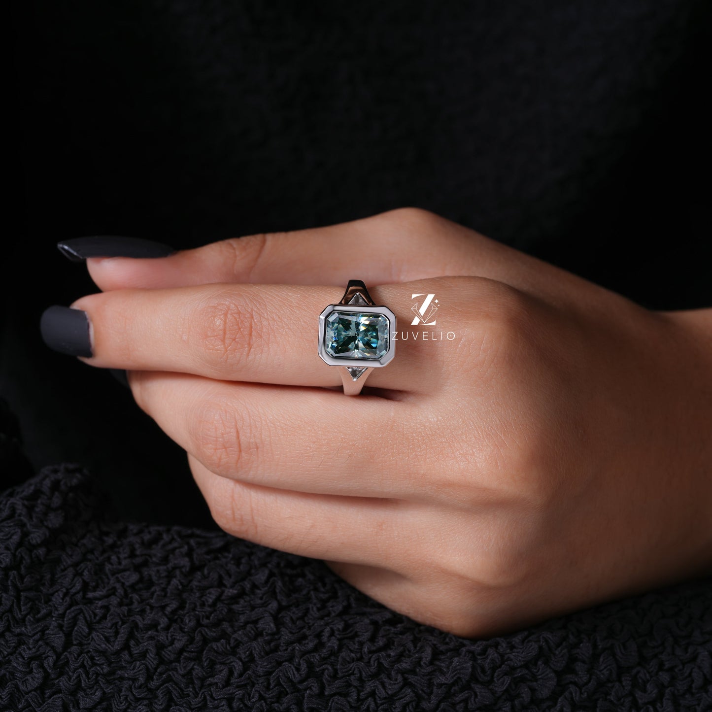 Radiant Blue Green Moissanite Ring - Zuvelio.com