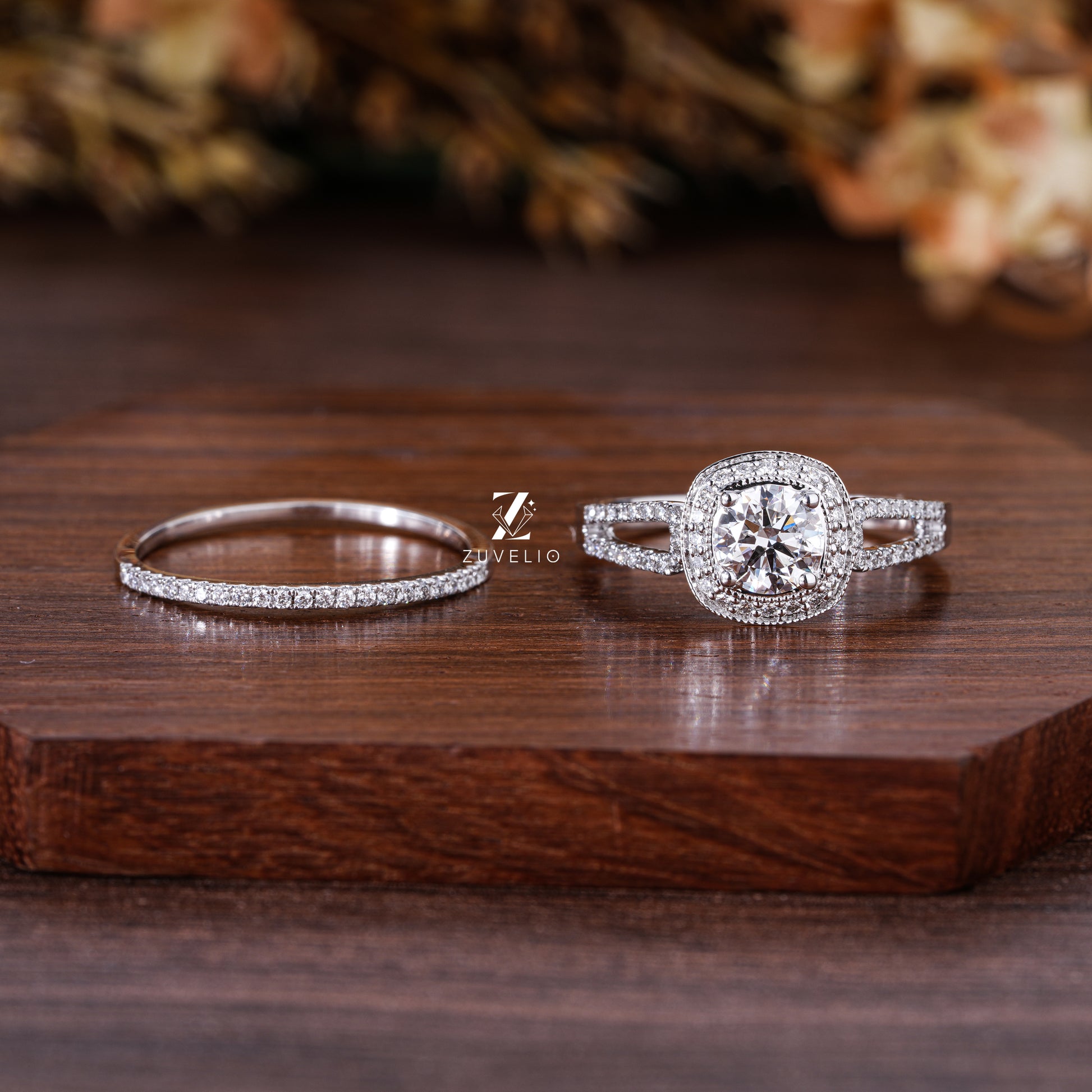 Lab Grown Diamond Halo Engagement Ring Set