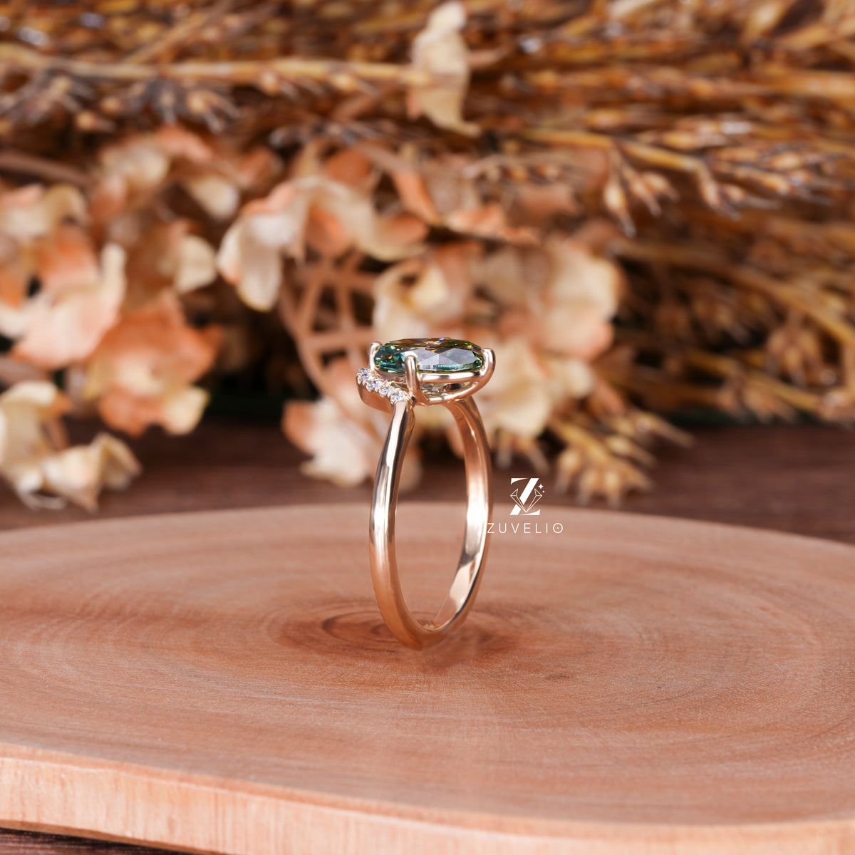 Teal Oval Moissanite Ring