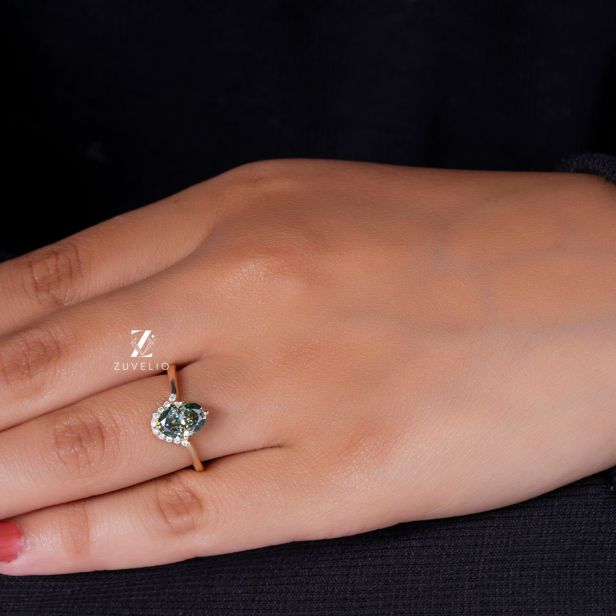 Teal Oval Moissanite Ring
